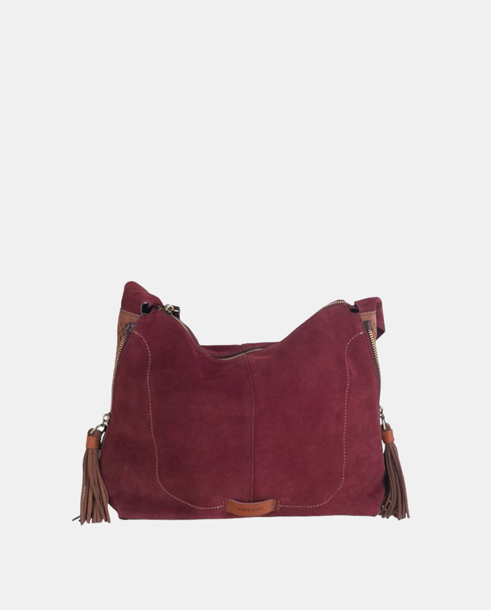 Bolso bandolera confeccionada en piel serraje color burdeos