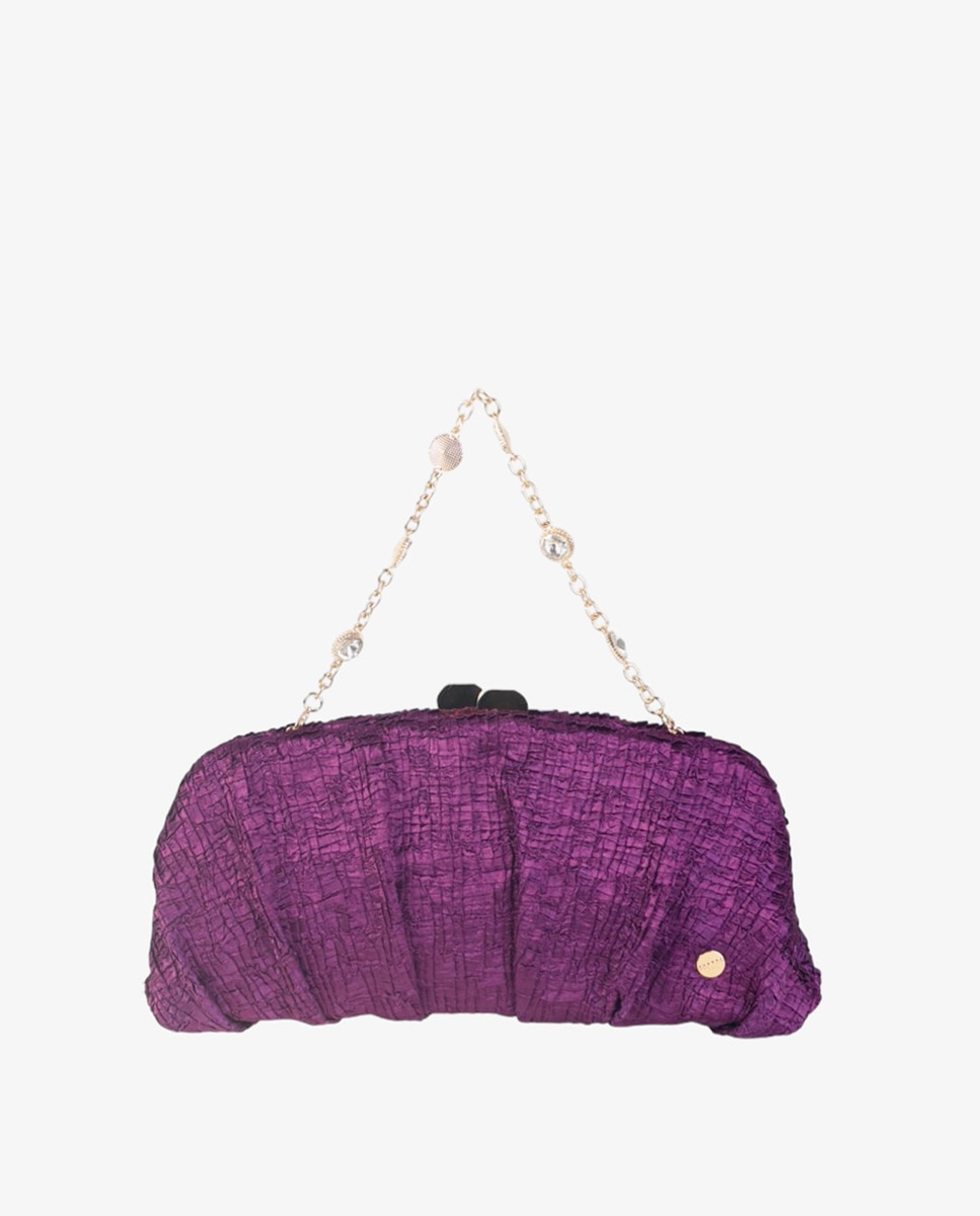 Mala Clutch Tipo Carteira em Cetim Franzido com Alça de Fantasia - Cor de Beringela Bordeaux-1