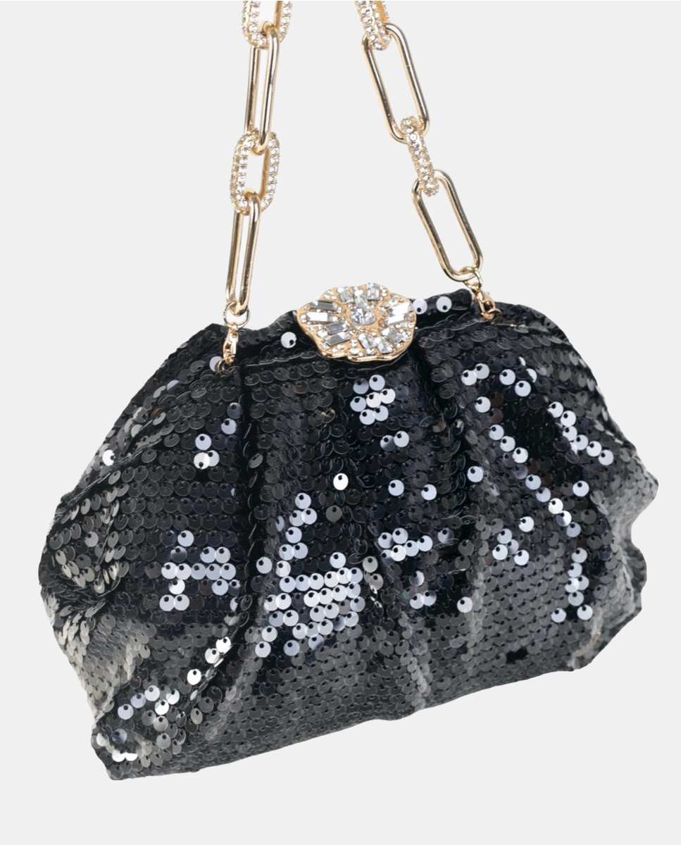 Mala Clutch de Veludo Coberta de Lantejoulas com Alça e Tabatier de Fantasia - Preto Preto-3