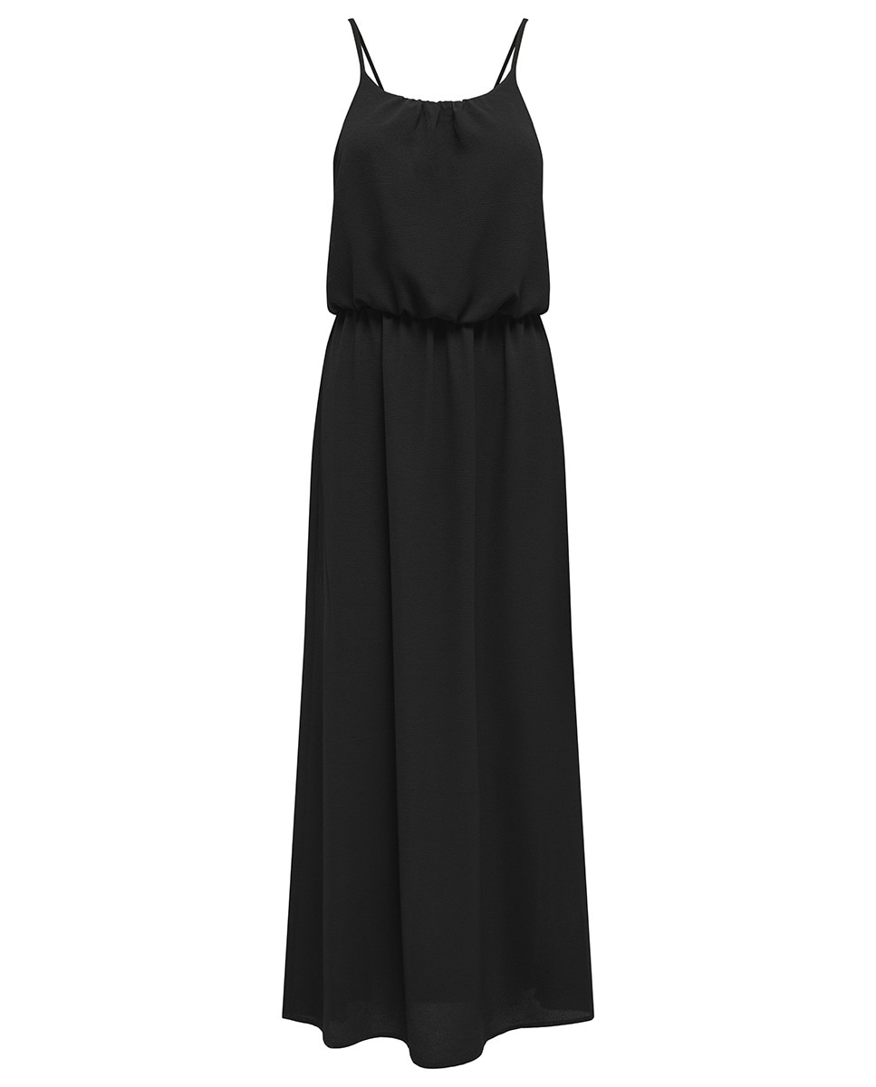 Vestido comprido de alças finas e tecido fluido Preto-6