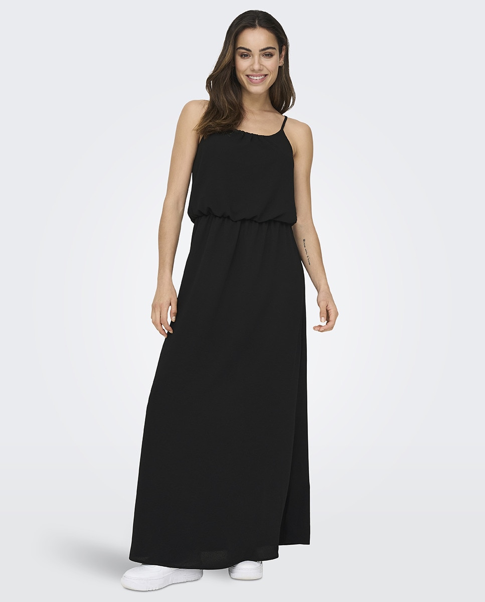 Vestido comprido de alças finas e tecido fluido Preto-5