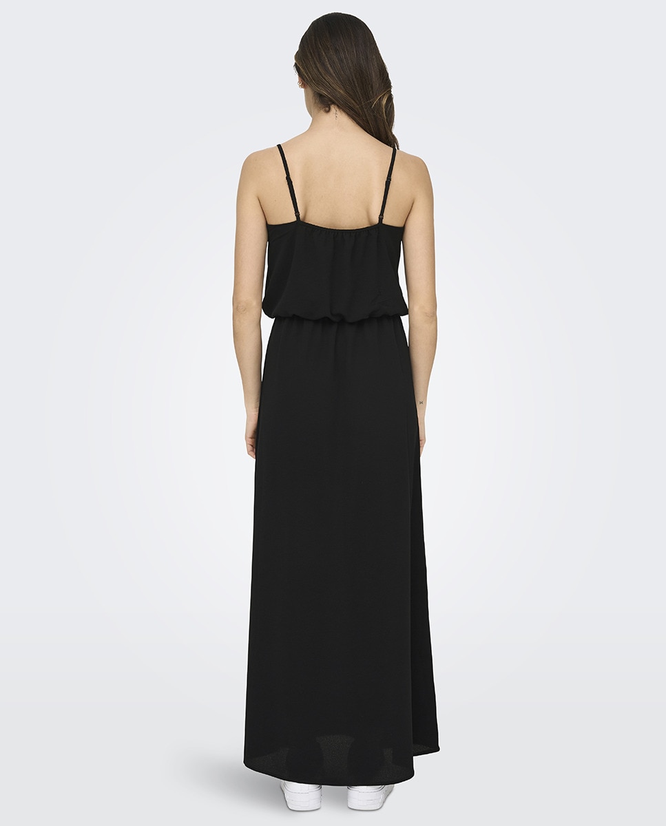 Vestido comprido de alças finas e tecido fluido Preto-2