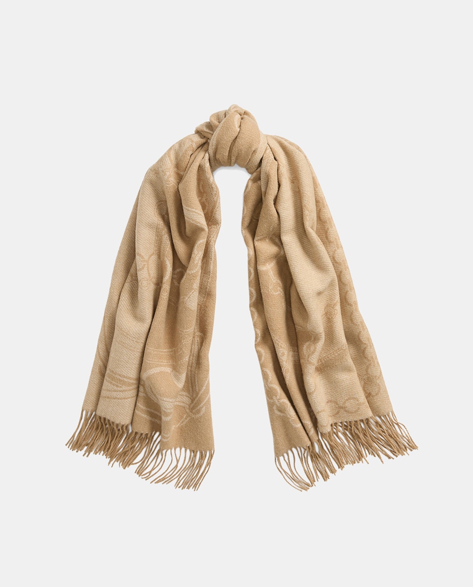 Cachecol Estampado com Franjas Camel-2
