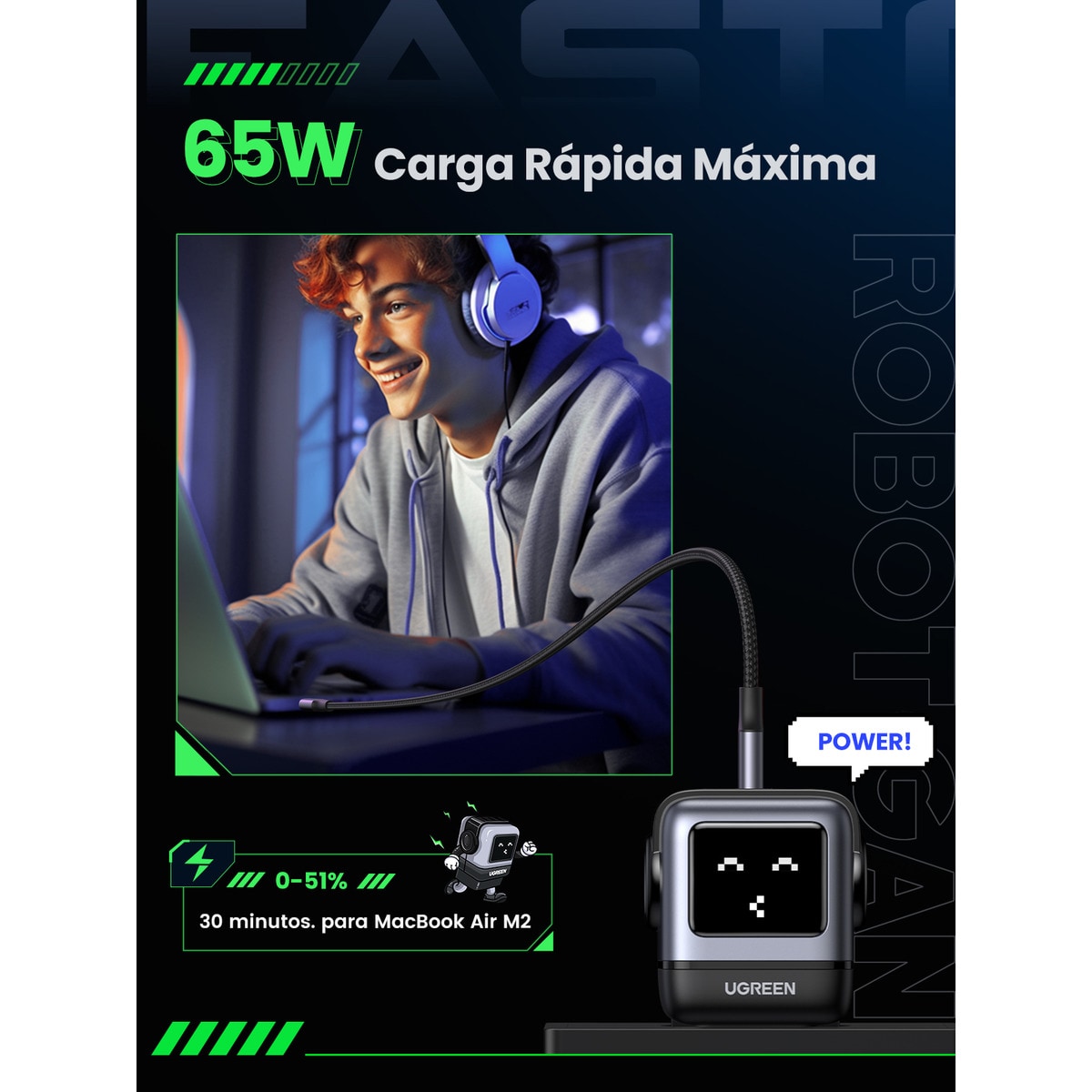 Cargador Ugreen Nexode Robot 65W GaN con 3 puertos: 2 USB-C y 1 USB-A con carga rápida, negro Negro-5