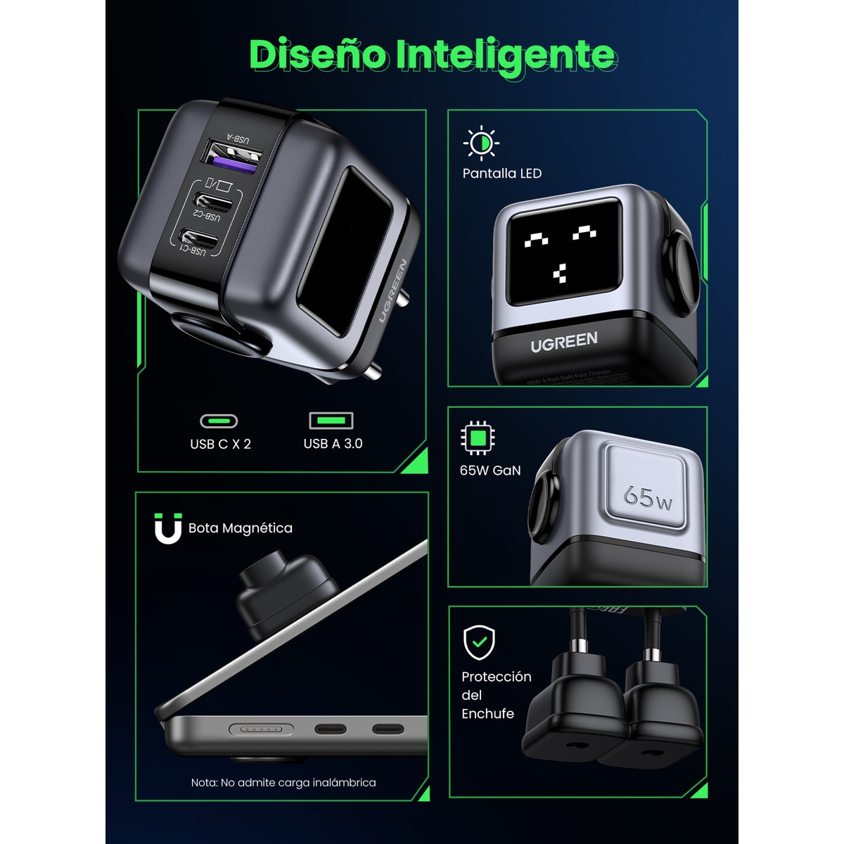 Cargador Ugreen Nexode Robot 65W GaN con 3 puertos: 2 USB-C y 1 USB-A con carga rápida, negro Negro-4