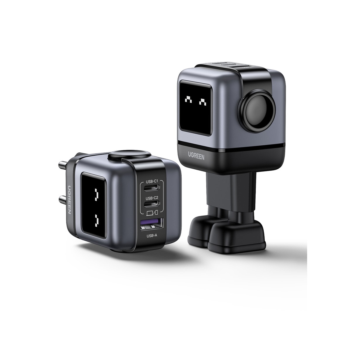 Cargador Ugreen Nexode Robot 65W GaN con 3 puertos: 2 USB-C y 1 USB-A con carga rápida, negro Negro-3