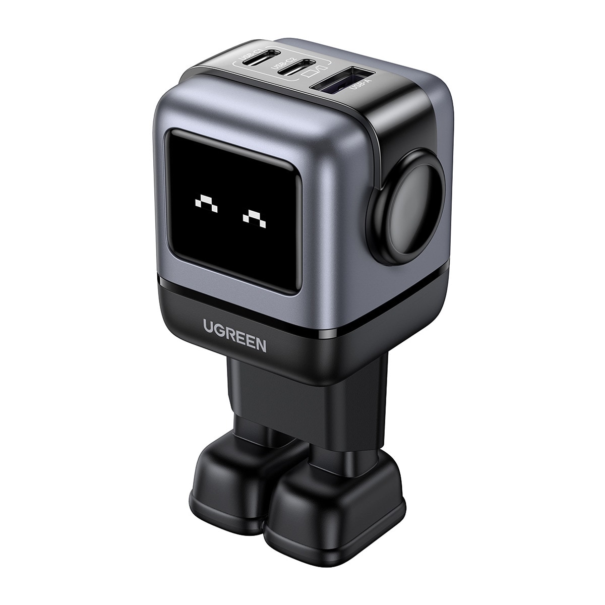Cargador Ugreen Nexode Robot 65W GaN con 3 puertos: 2 USB-C y 1 USB-A con carga rápida, negro Negro-1