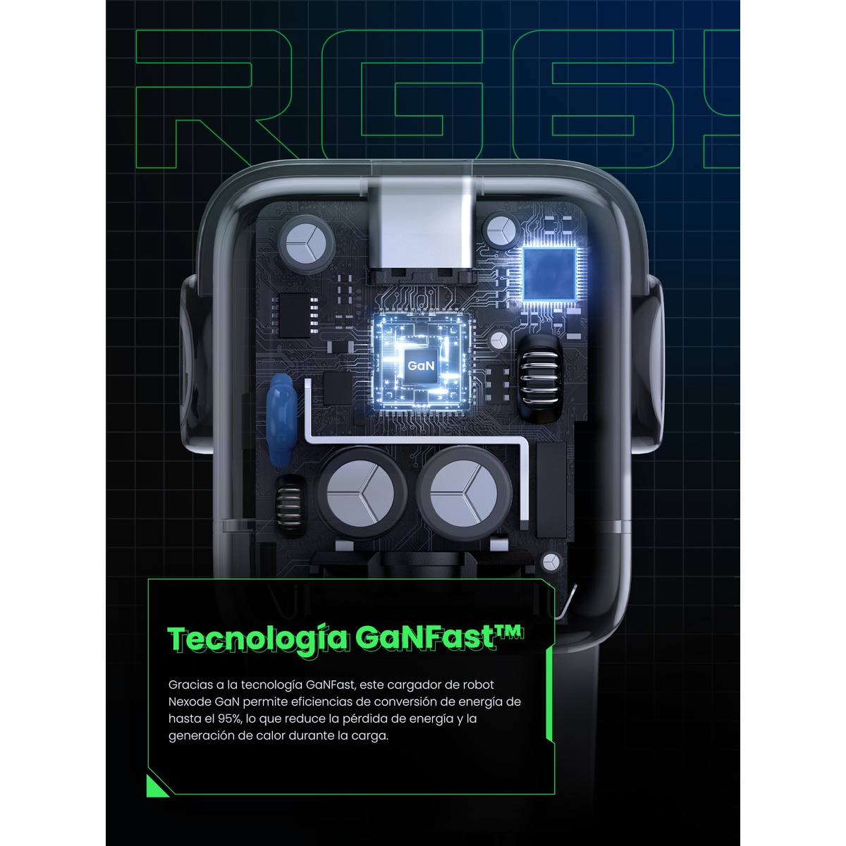 Cargador Ugreen Nexode Robot 65W GaN con 3 puertos: 2 USB-C y 1 USB-A con carga rápida, negro Negro-7