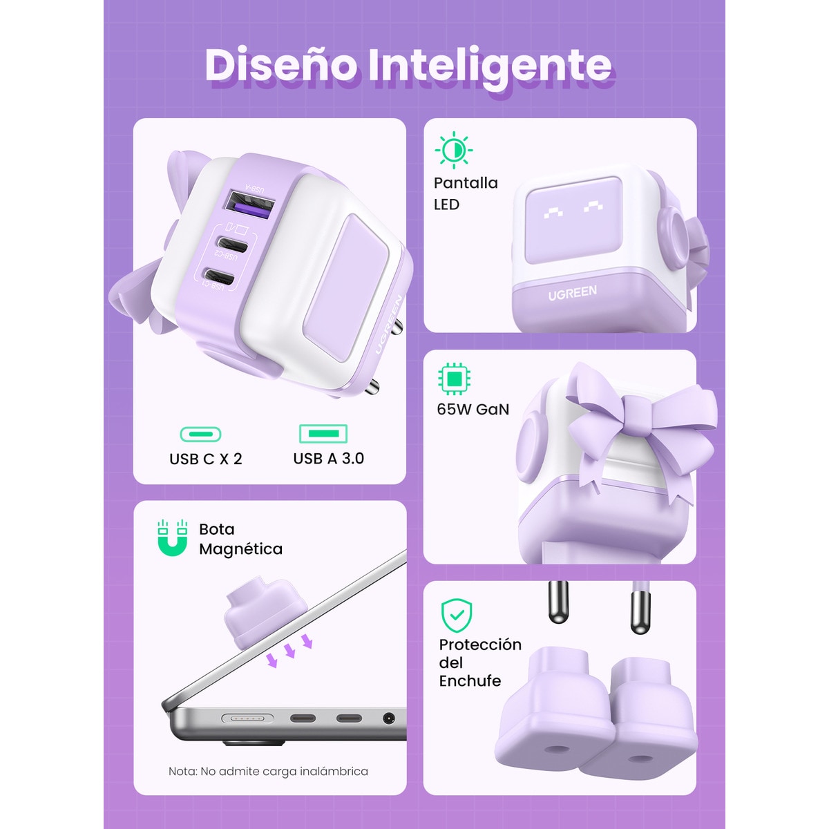 Cargador Ugreen Nexode Robot 65W GaN con 3 puertos: 2 USB-C y 1 USB-A con carga rápida, violeta Violeta-7