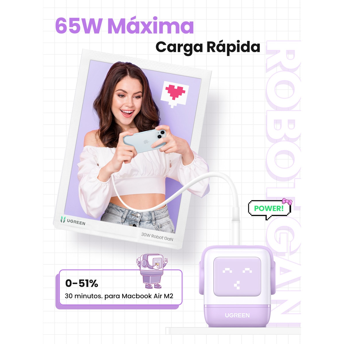 Cargador Ugreen Nexode Robot 65W GaN con 3 puertos: 2 USB-C y 1 USB-A con carga rápida, violeta Violeta-5