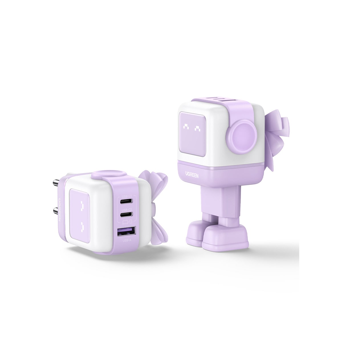 Cargador Ugreen Nexode Robot 65W GaN con 3 puertos: 2 USB-C y 1 USB-A con carga rápida, violeta Violeta-4
