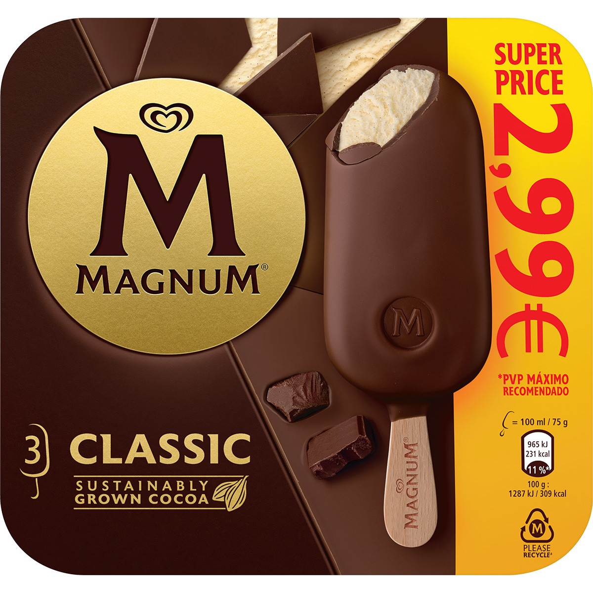 Magnum Gelado Clássico Pack 3 unidades embalagem 300 ml