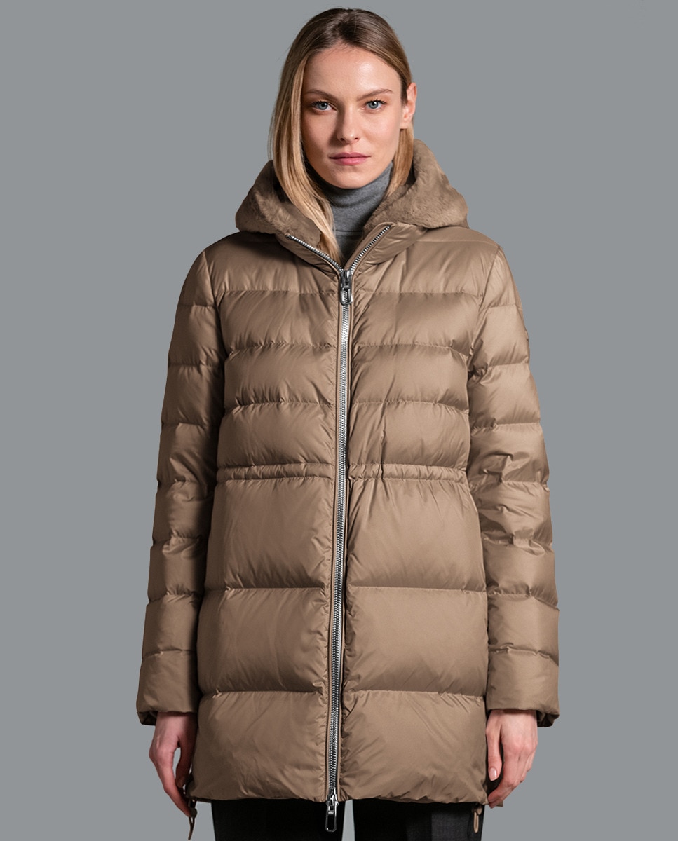 Blusão Acolchoado Ultraligeiro com Capuz de Pelo Castanho-claro-1