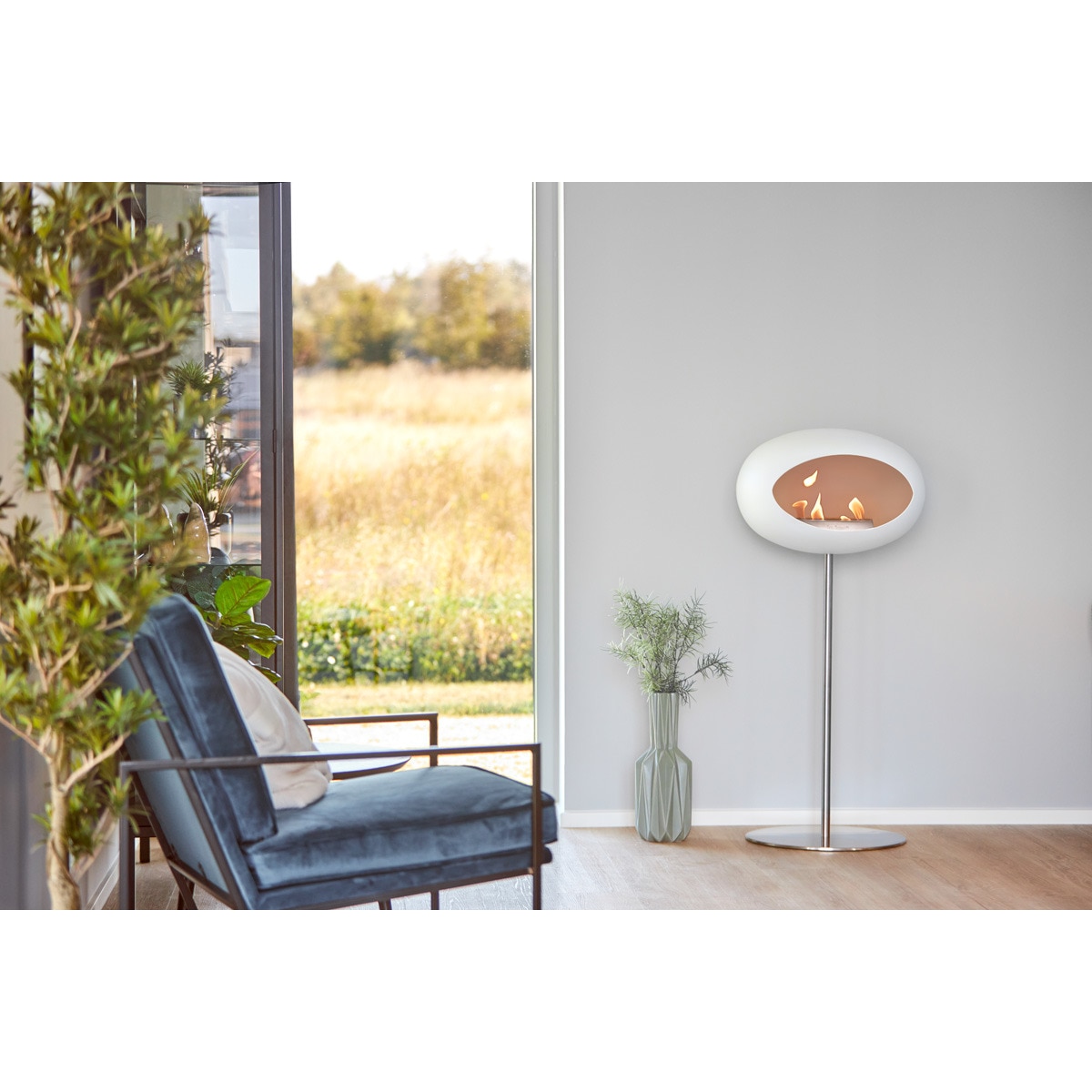 Biochimenea Bioetanol Ground Steel High Cúpula Blanca - Poste Acero - Plato Acero Blanco / Acero-4