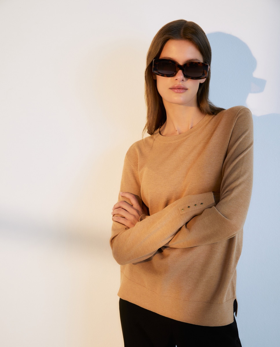 Camisola de Malha Lisa com Decote Redondo 730 Camel-1
