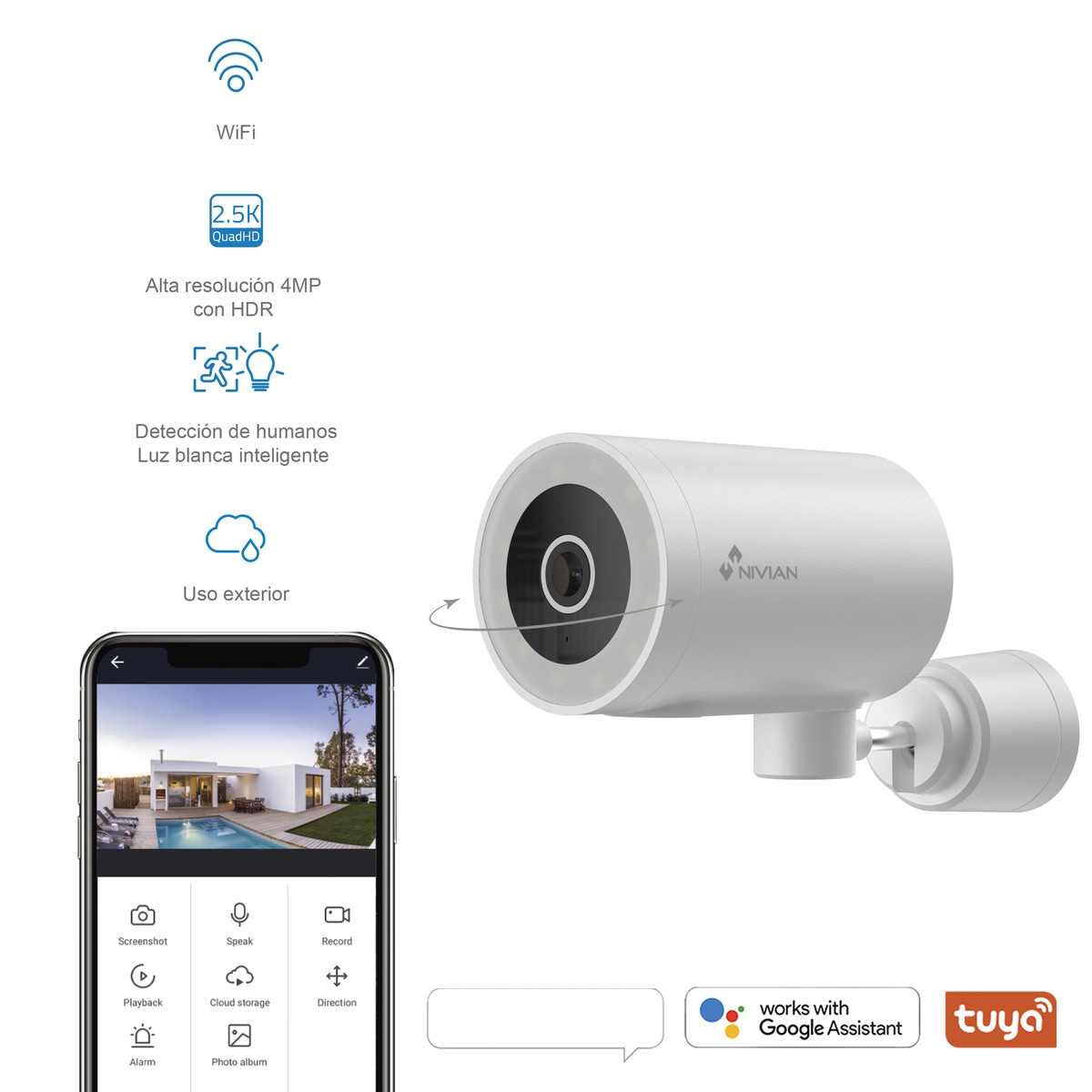 Cámara de vigilancia exterior Nivian IPC-0H3-L Motorizada, WiFi, Half 4K, Detección Humana AI y Autotracking Blanco-2