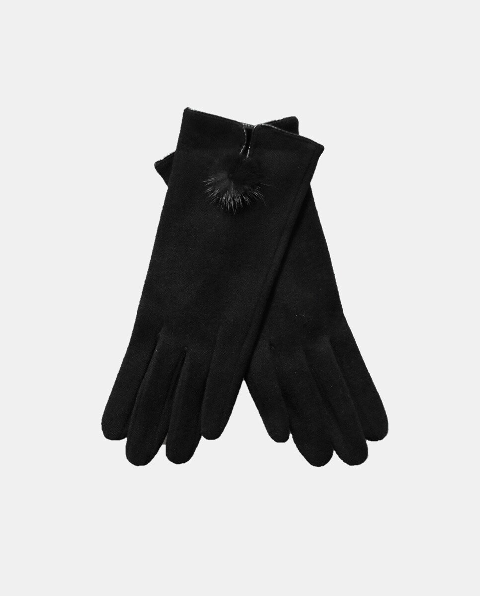 Luvas com Detalhe de Pompom e em Tecido - Preto Preto-3