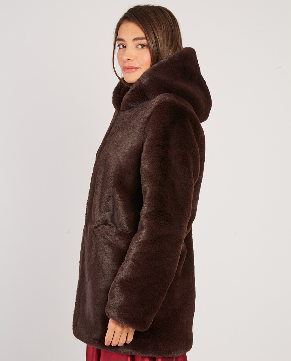 Casaco de mulher com capuz com pêlo Castanho-escuro-3