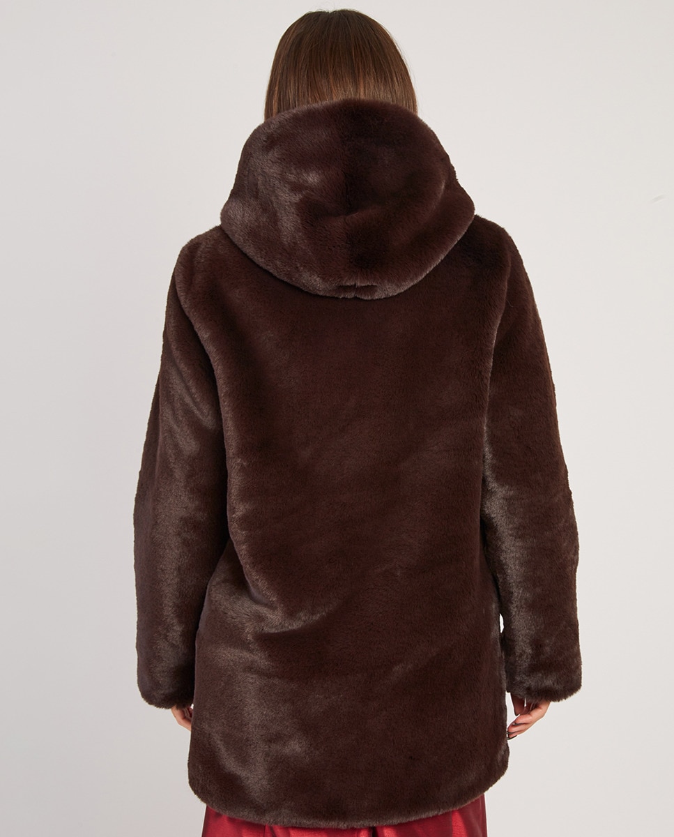 Casaco de mulher com capuz com pêlo Castanho-escuro-2