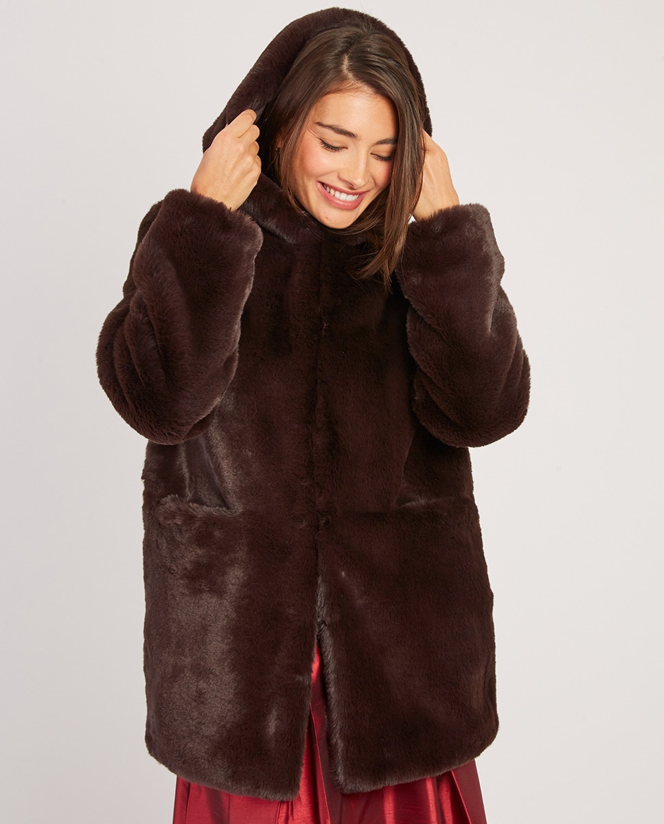 Casaco de mulher com capuz com pêlo Castanho-escuro-1