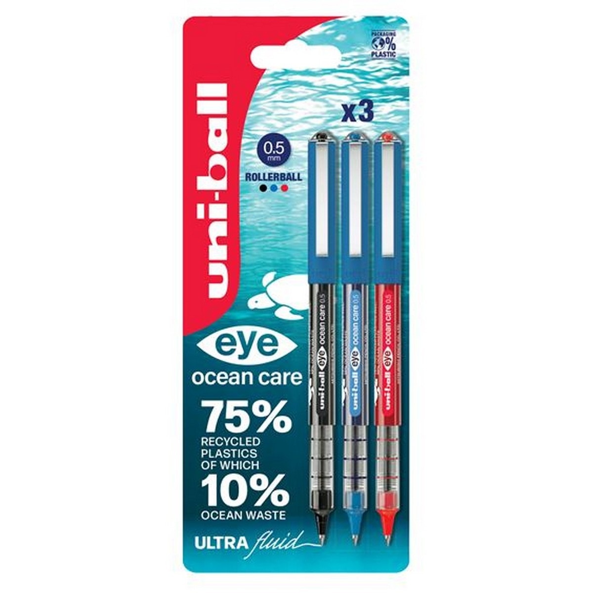 Imagem 0 de Caneta Roller Uni-Ball Eye Ocean Care UB 150 Preto / Azul / Vermelho - Blister 3 Unidades