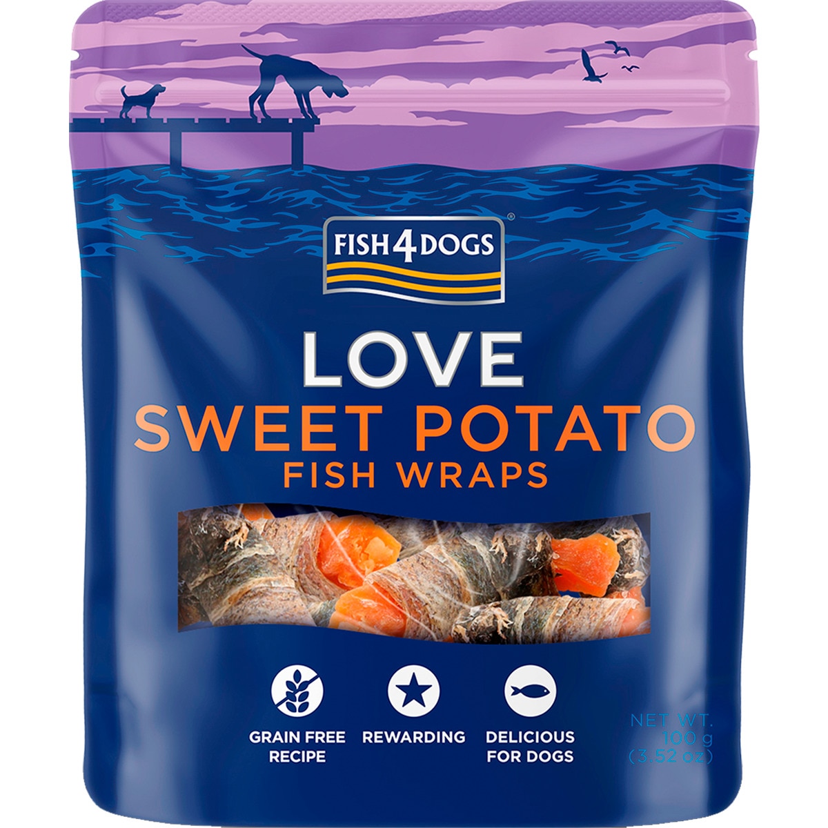 Snacks Amo Wraps de Peixe de Batata Doce embalagem 115 g