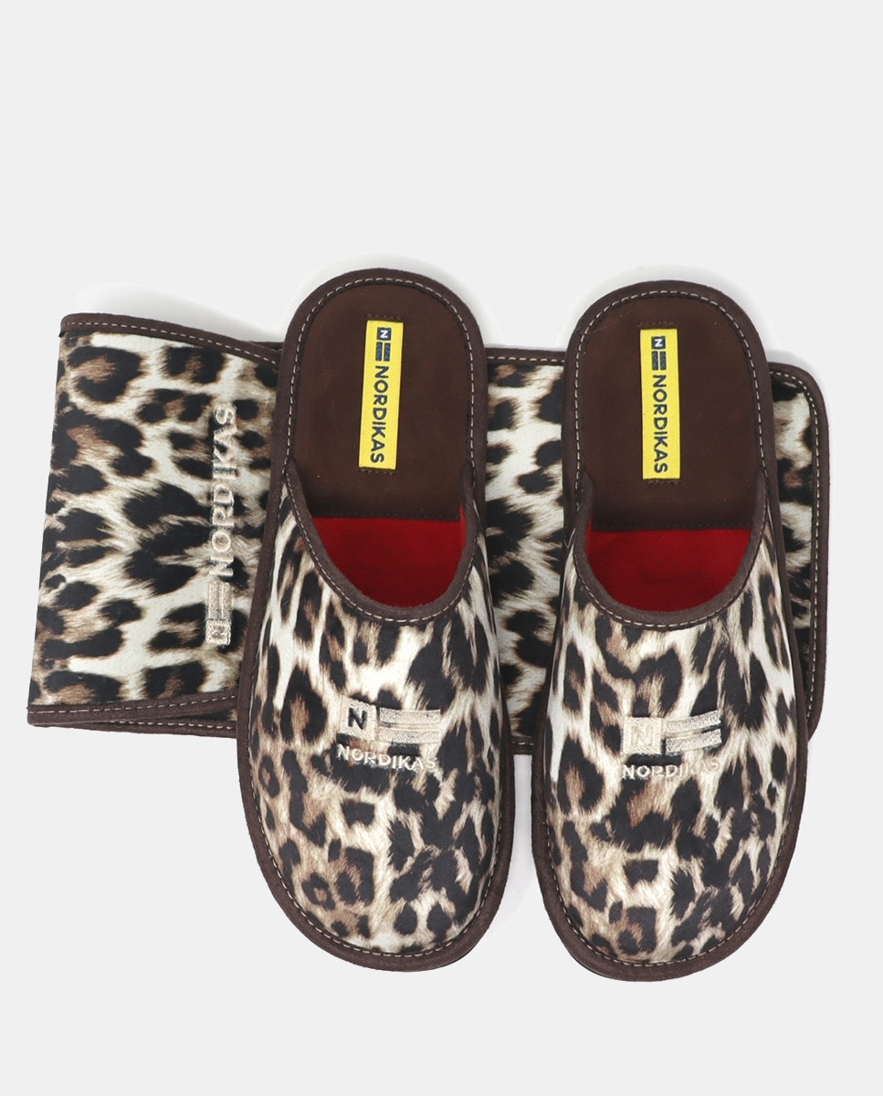 Chinelos de Quarto em Tecido com Animal Print Castanho-4
