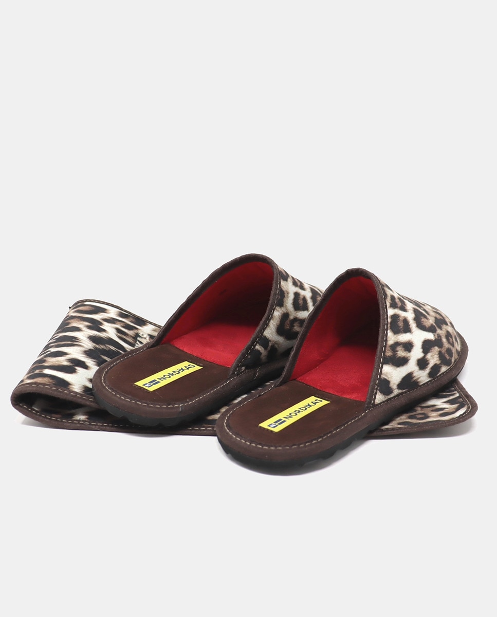 Chinelos de Quarto em Tecido com Animal Print Castanho-3