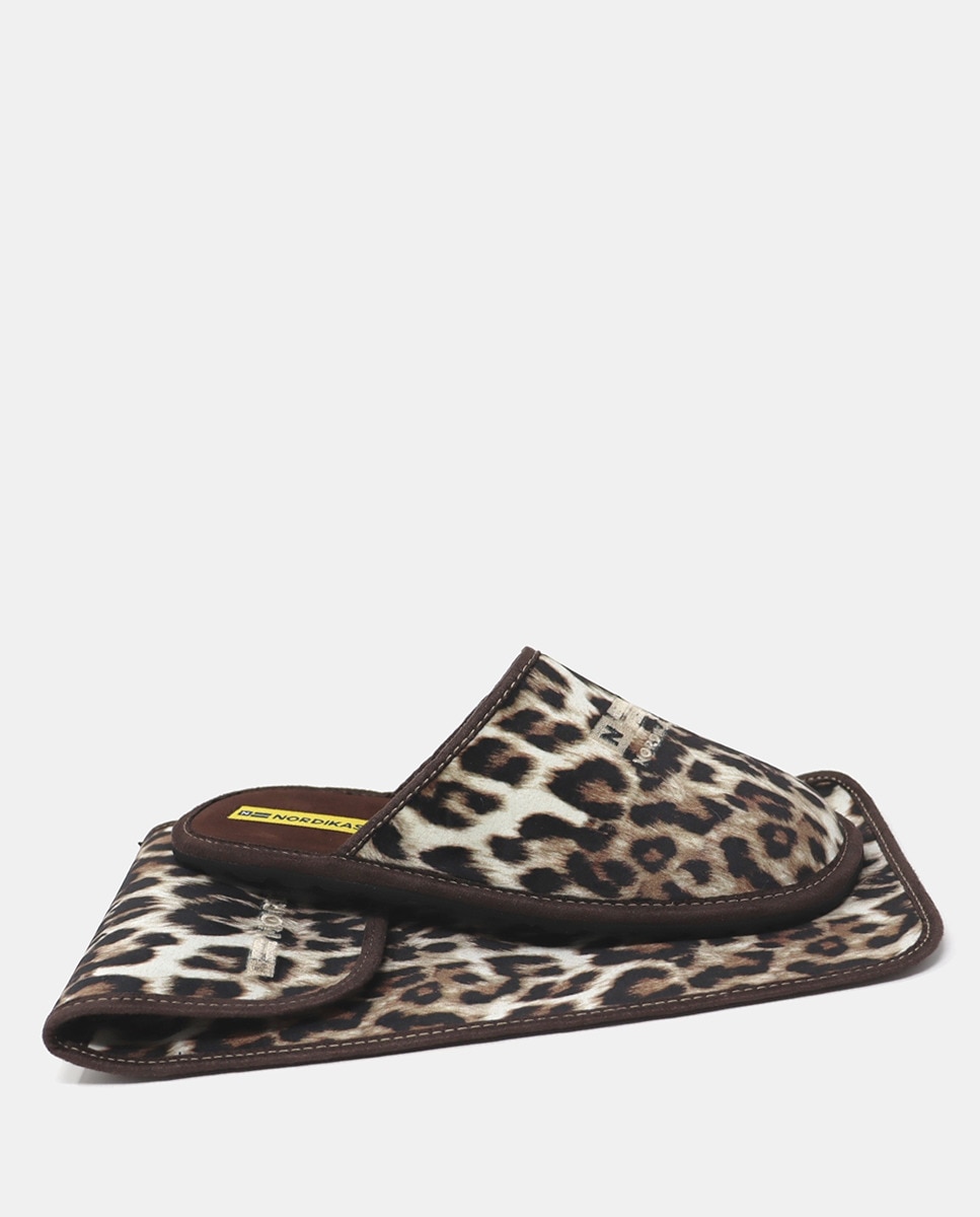 Chinelos de Quarto em Tecido com Animal Print Castanho-1