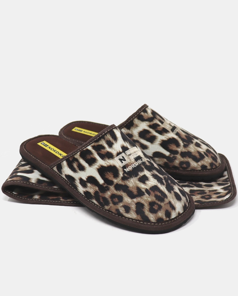 Chinelos de Quarto em Tecido com Animal Print Castanho-2
