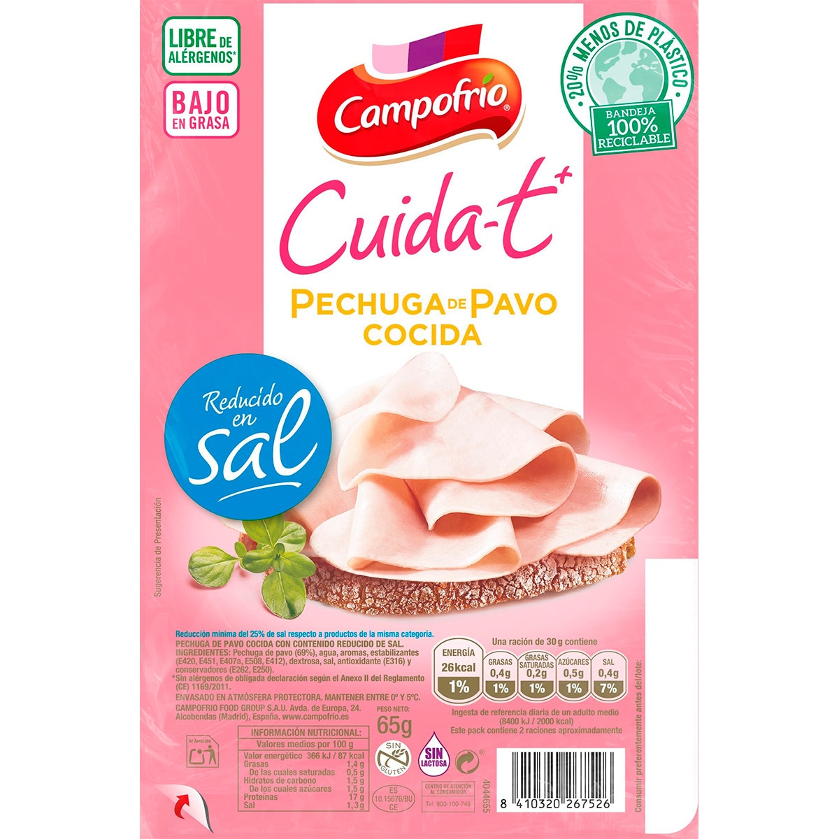 Cuida-t+ pechuga de pavo bajo en grasa reducido en sal en lonchas envase 65 g sin gluten sin lactosa