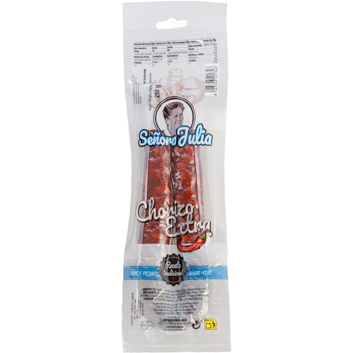 chorizo extra picante sin gluten sin lactosa pieza 250 g