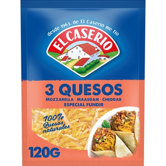 queso rallado 3 quesos especial para fundir bolsa 120 g mozzarella, maasdam y cheddar - El Caserio