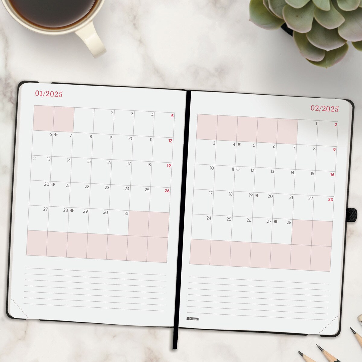 Agenda encuadernada año 2025 Capri FA5-148x210 mm semana vista vertical Finocam negro internacional multilingüe Negro-4