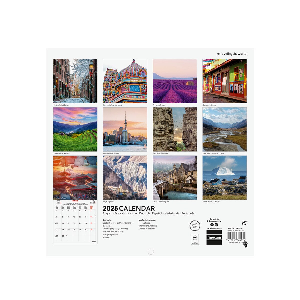 Calendario pared año 2025 Imágenes 180x180 mm Traveling Finocam internacional multilingüe Multicolor-4