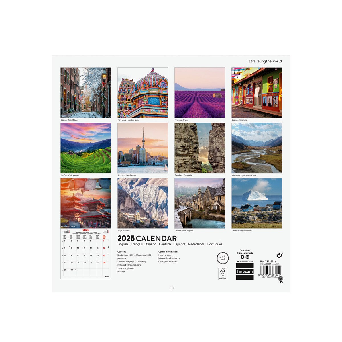 Calendario pared año 2025 Imágenes 300x300 mm Traveling Finocam internacional multilingüe Multicolor-4