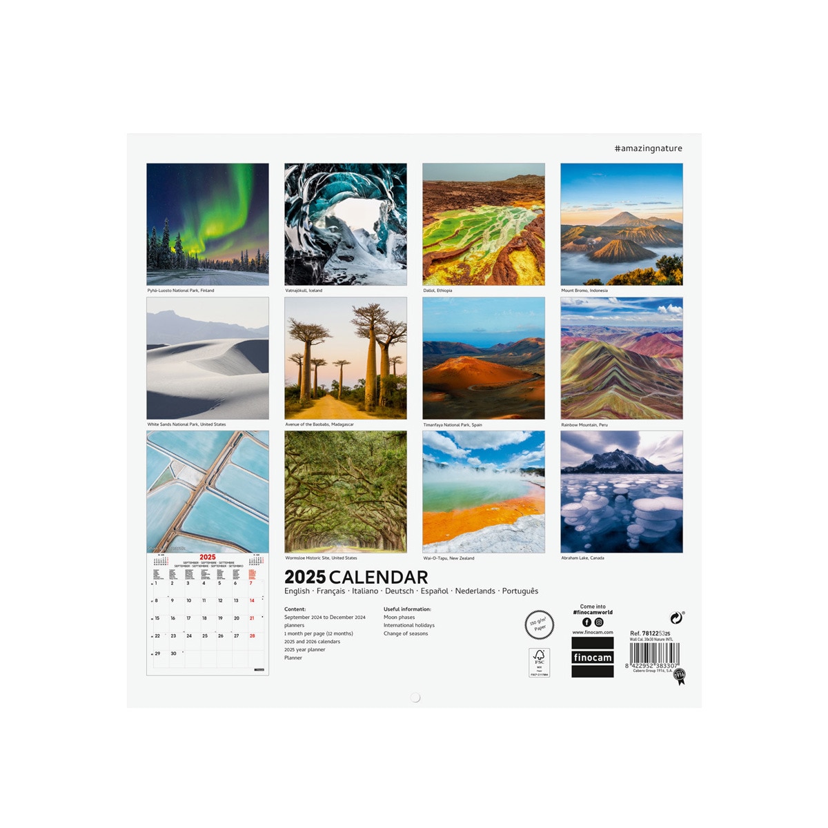Calendario parede ano 2025 Imagens 300x300 mm Nature Finocam internacional multilingue Multicolor-4