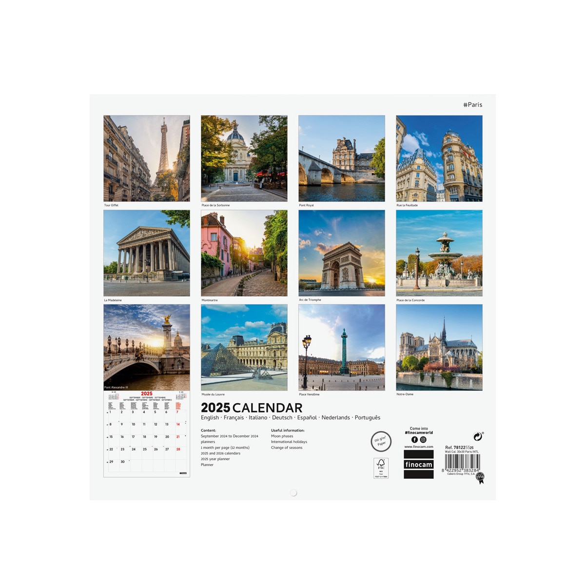 Calendario parede ano 2025 Imagens 300x300 mm Paris Finocam internacional multilingue Multicolor-4