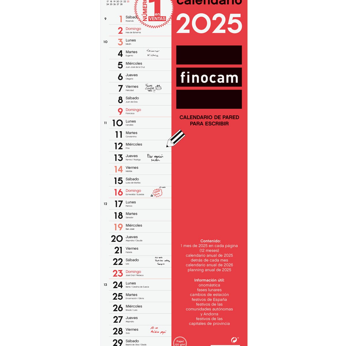 Calendario pared año 2025 Neutro escribir largo L-155x430 mm Finocam Multicolor-1