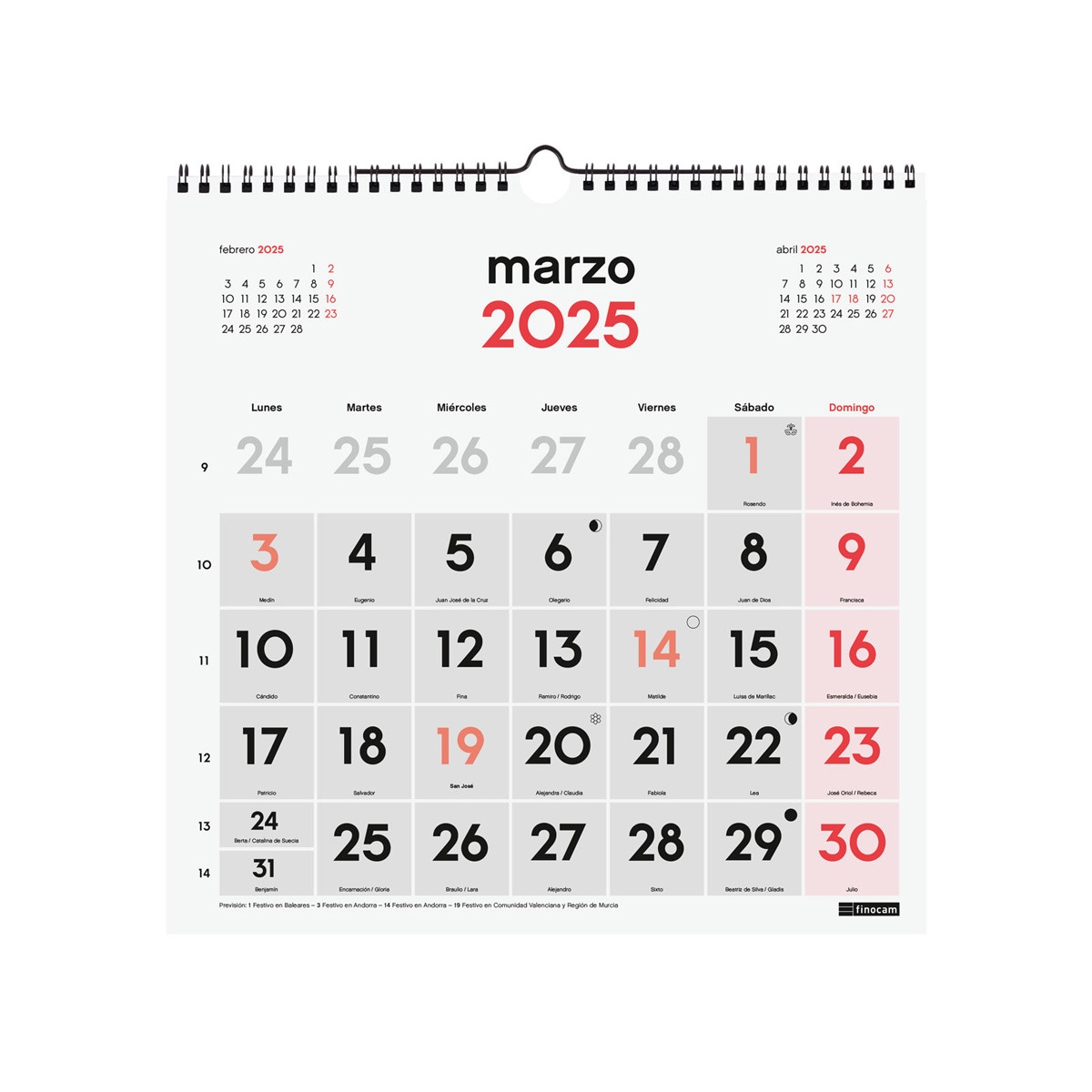 Calendario parede ano 2025 Neutro números grandes 300x300 mm Finocam Multicolor-3