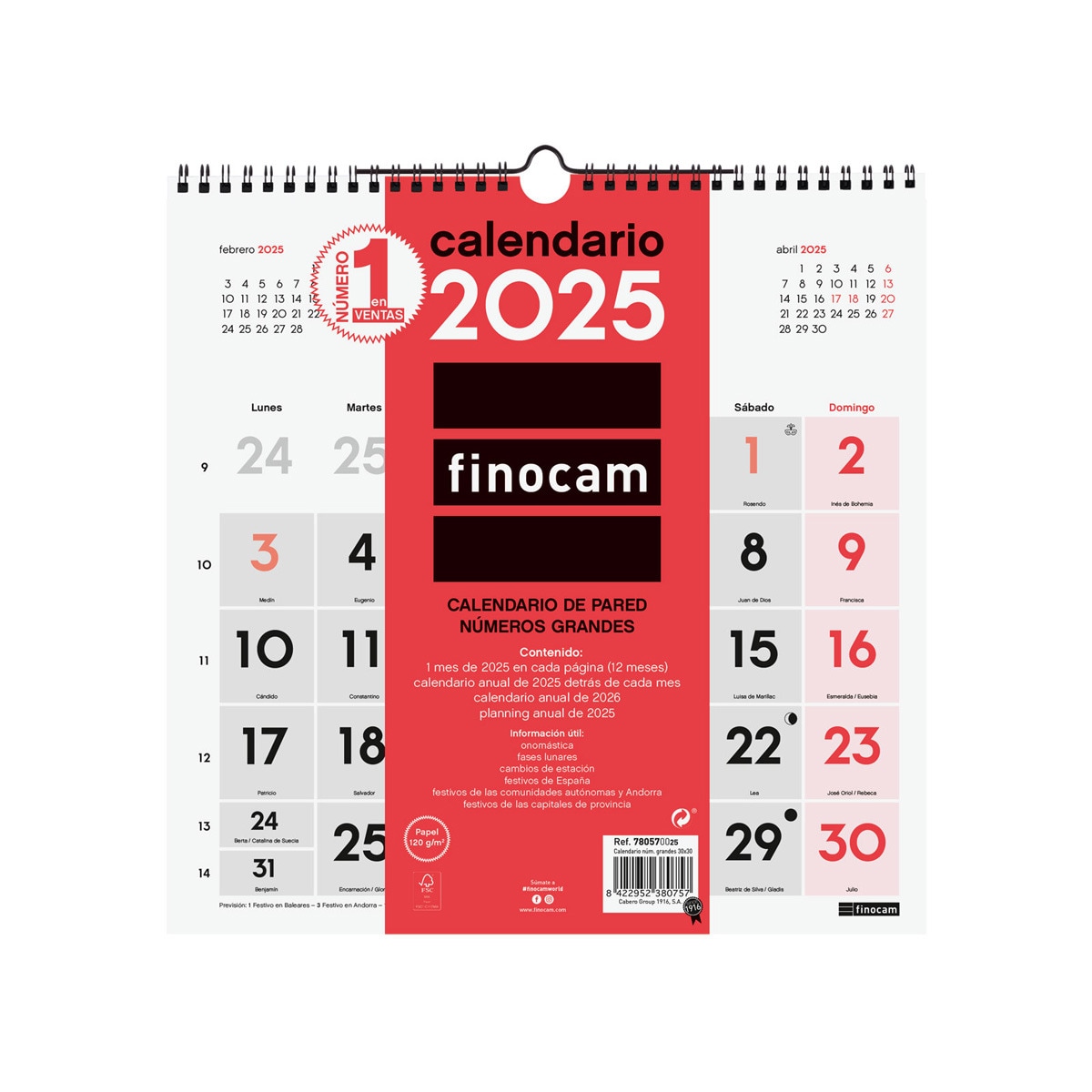 Calendario parede ano 2025 Neutro números grandes 300x300 mm Finocam Multicolor-1