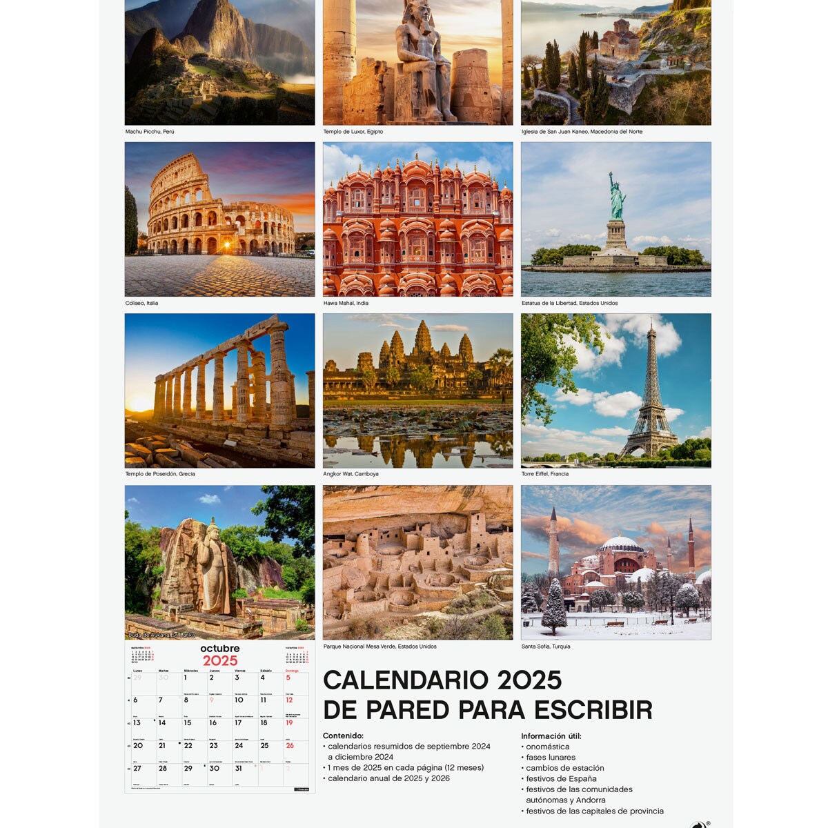 Calendario pared año 2025 Imágenes 250x400 mm Maravillas del mundo Finocam Multicolor-4