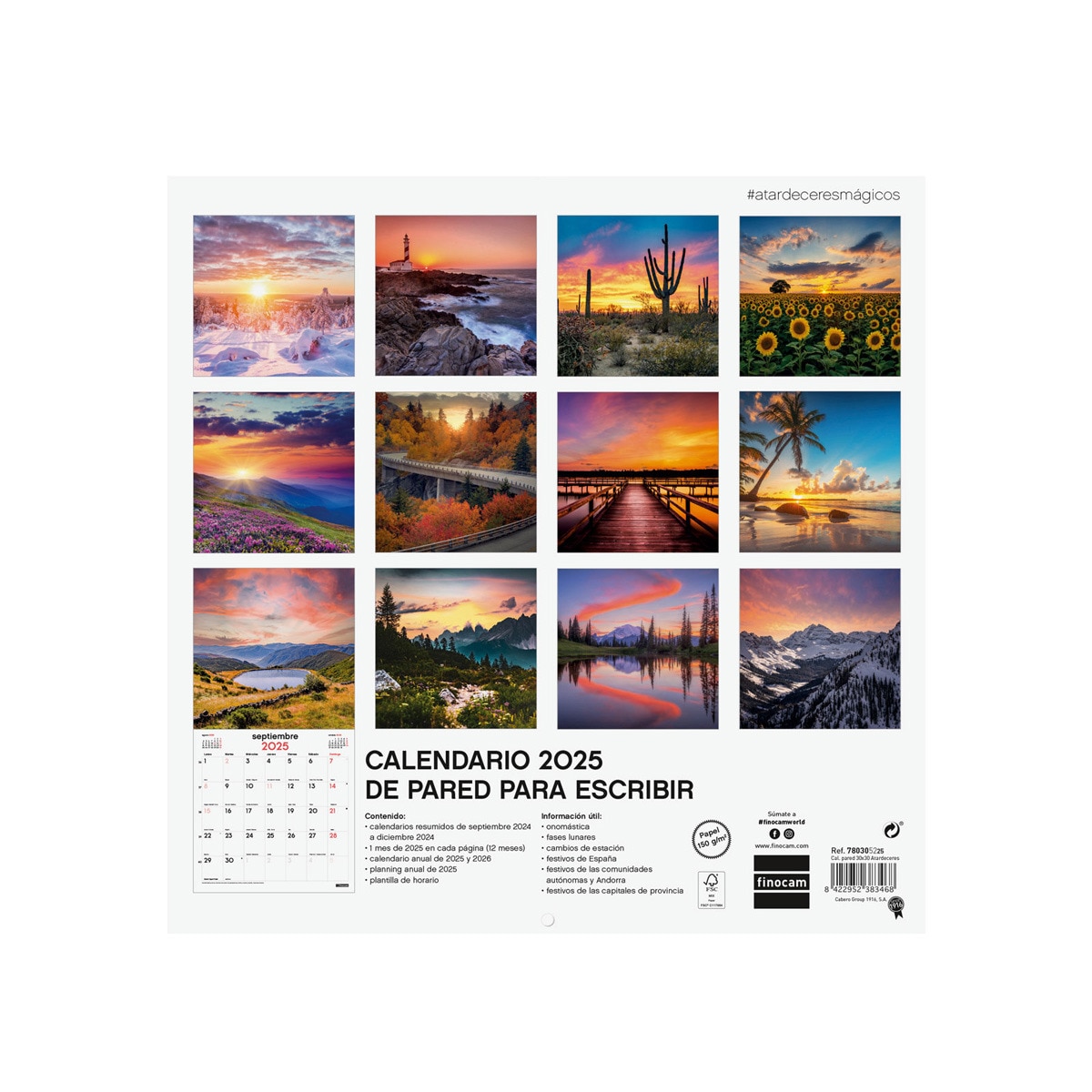 Calendario parede ano 2025 Imagens 300x300 mm Atardeceres mágicos Finocam Multicolor-4