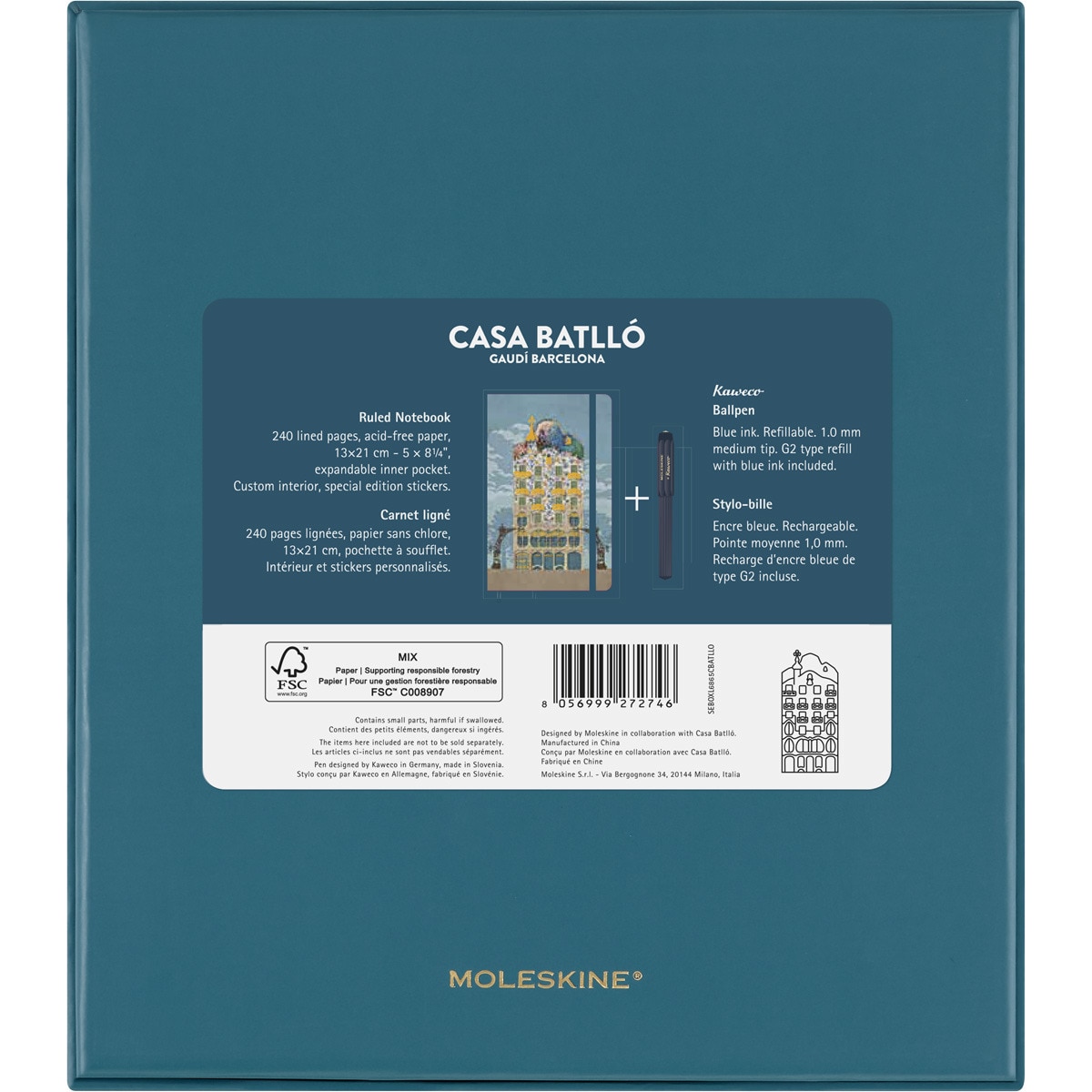 Estojo de coleção com caderno grande de linhas com capa dura, edição limitada Casa Batlló Moleskine multicor e canetas Kaweco azul Multicolor-7