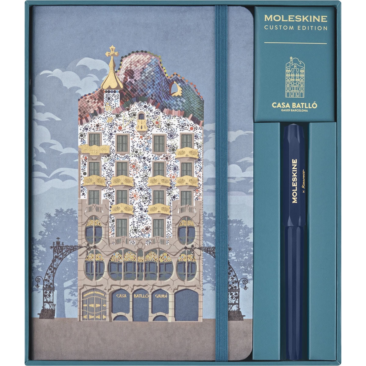 Estojo de coleção com caderno grande de linhas com capa dura, edição limitada Casa Batlló Moleskine multicor e canetas Kaweco azul Multicolor-2
