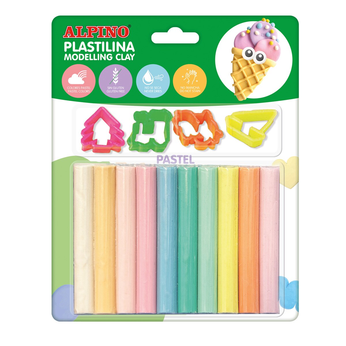 Blister 10 plastilina 17 grs. pastel + herramientas Alpino Multicolor-1