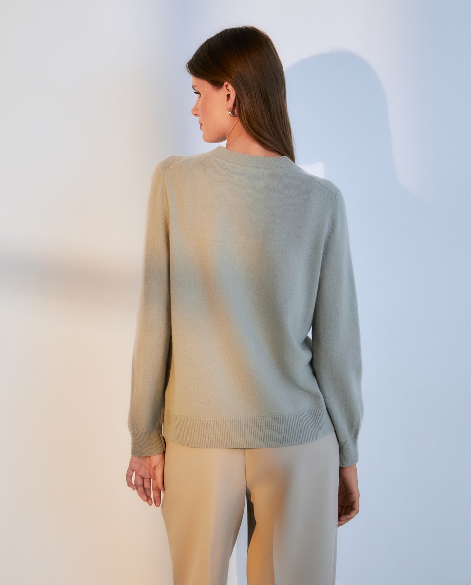 Camisola de Malha com Decote em Bico e 100% Caxemira Verde Sálvia-3