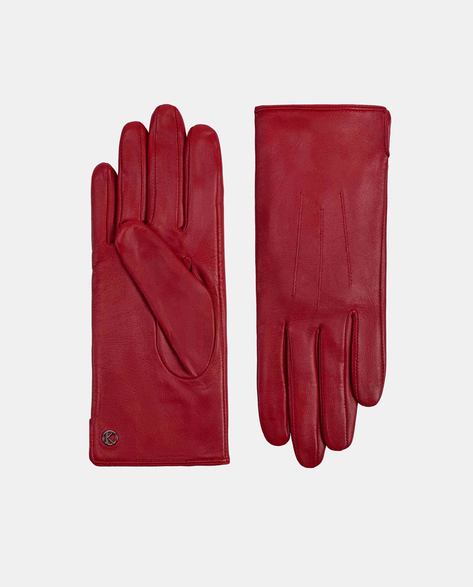 Luvas Clássicas Carla com Três Remendos e em Pele - Vermelho Vermelho-4