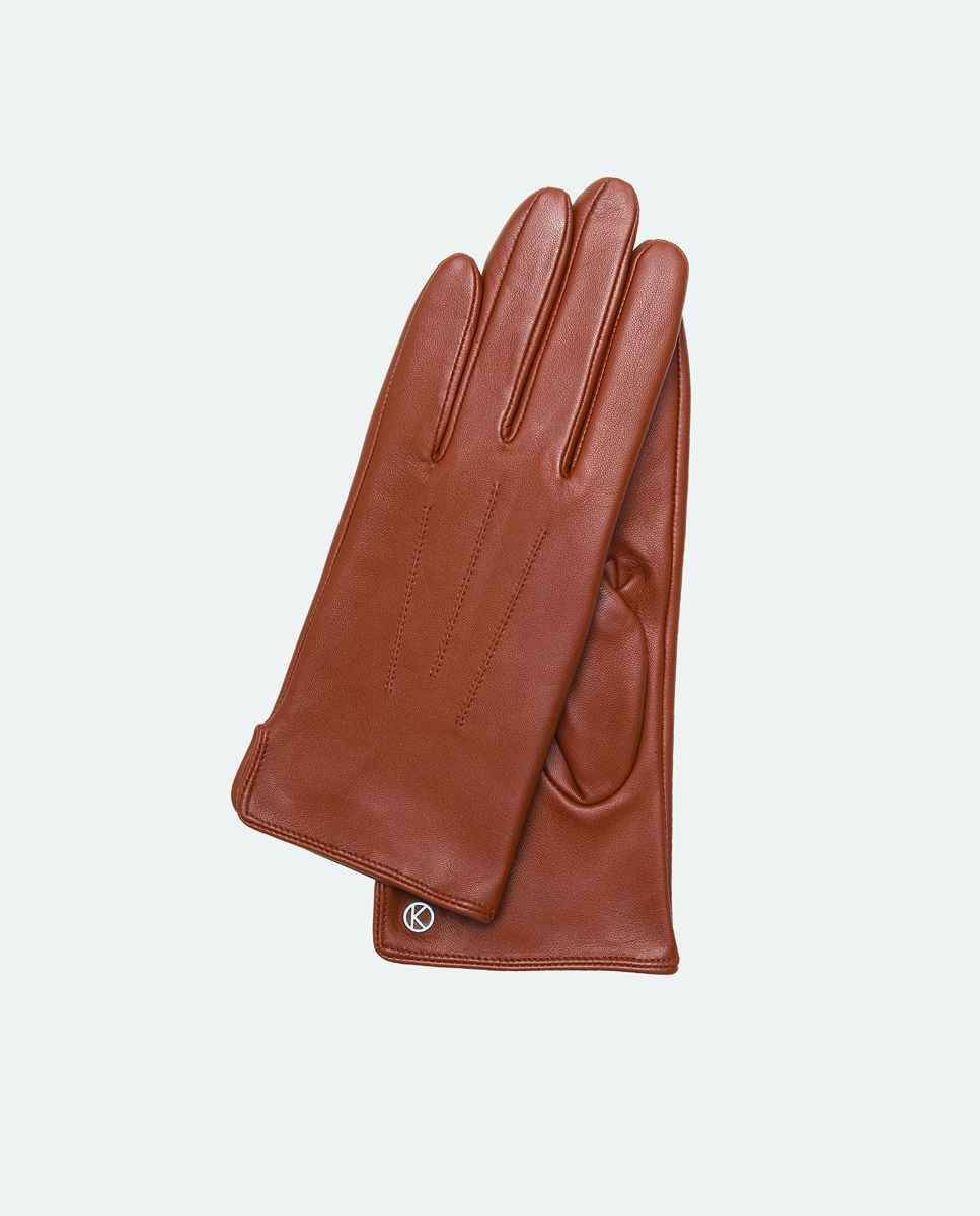 Luvas Clássicas Carla com Três Remendos e em Pele - Vermelho Castanho-claro-3