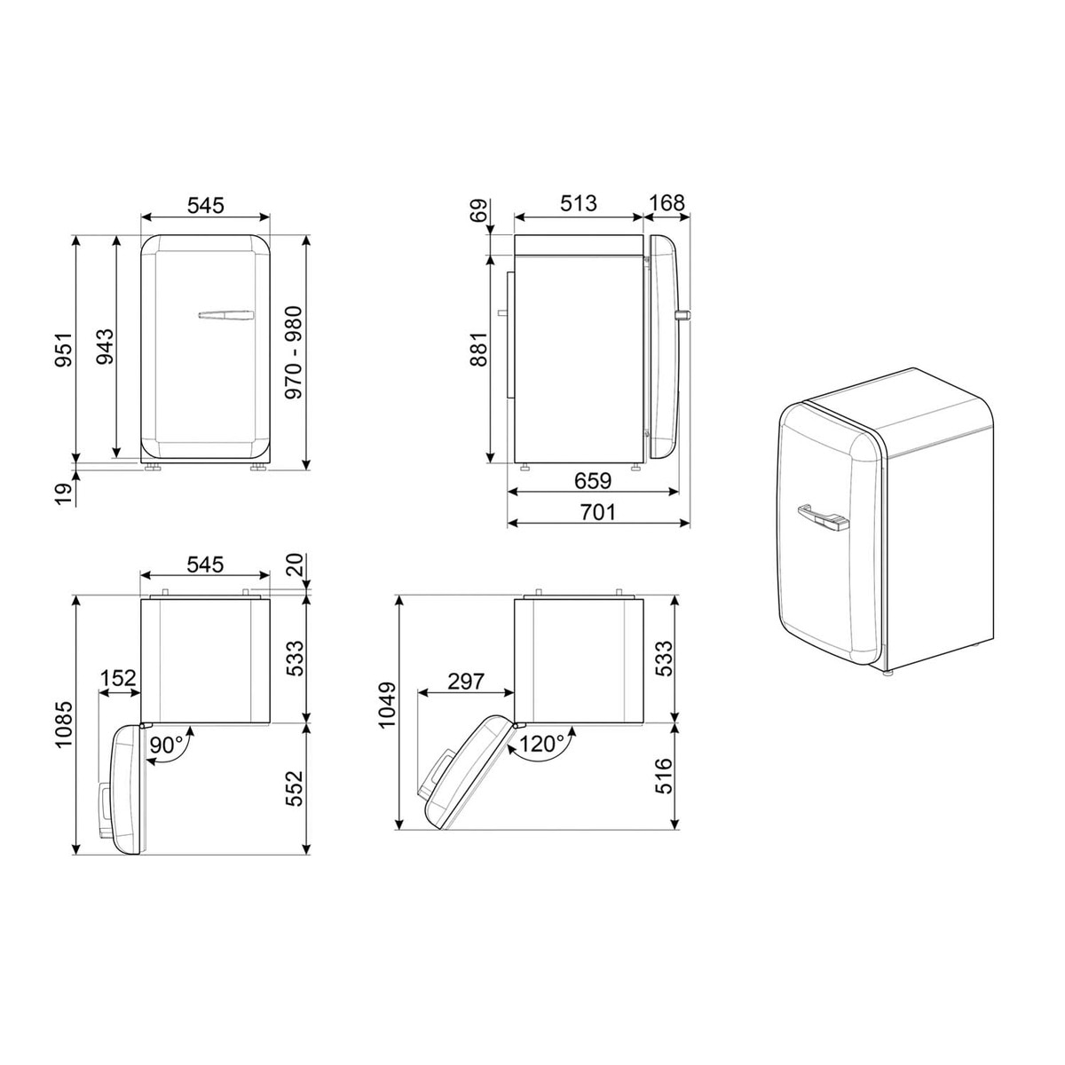 Frigorífico 1 puerta Smeg frío Estático - FAB10LWH6 Blanco-3